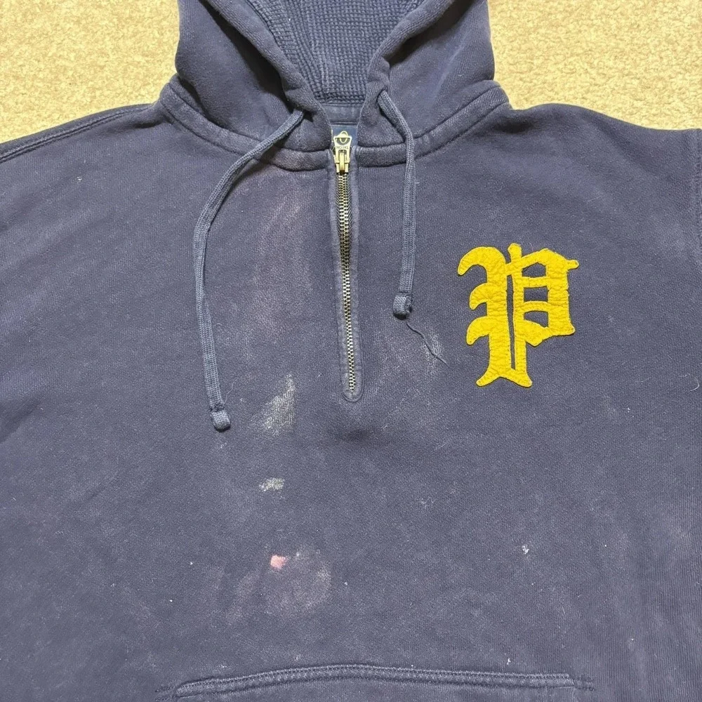 Polo Ralph Lauren Hoodie Sweatshirt Mens Medium Blue Varsity‎ P Logo 1/4 Zip